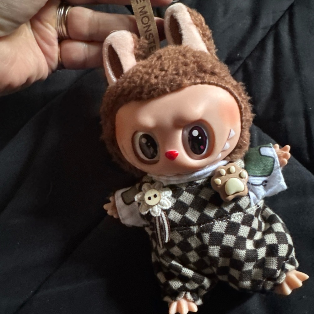 Brown and White Checkered Small labubu plush, toy, keychain with clothes